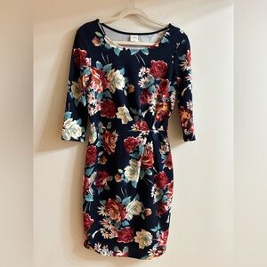 Kaileigh Navy Floral Dress with 3/4 Length Sleeves, Size Medium